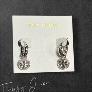 Tory Burch Silver Mille Pave Hoop/Huggie Earrings
